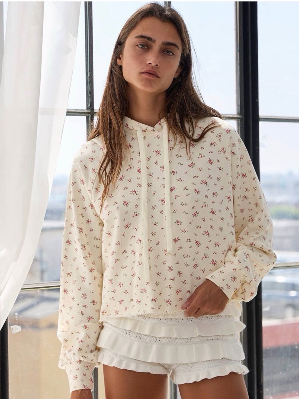 Bucketlist Women's Cream Floral Hoodie - Casual Lightweight Pullover